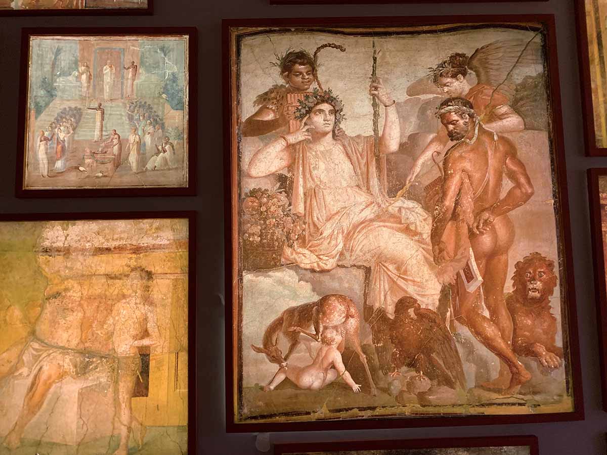 A precious ancient Roman fresco, among the invaluable artifacts preserved in the Herculaneum Museum of the Palace