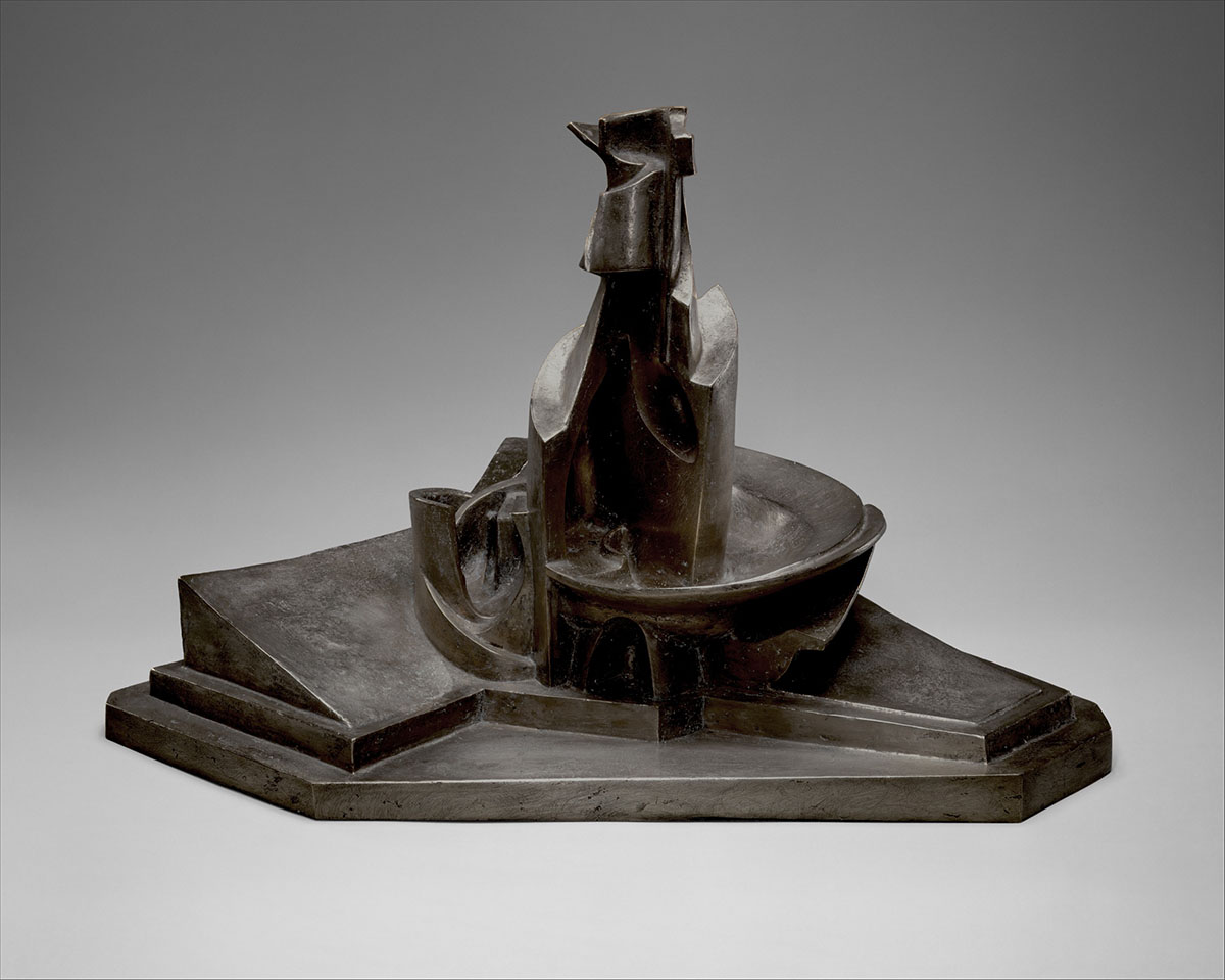 Umberto Boccioni, Sviluppo di una bottiglia nello spazio (Development of a Bottle in Space) (post-1912), patinated bronze surmoulage, Roberto Bilotti Ruggi d'Aragona private collection.